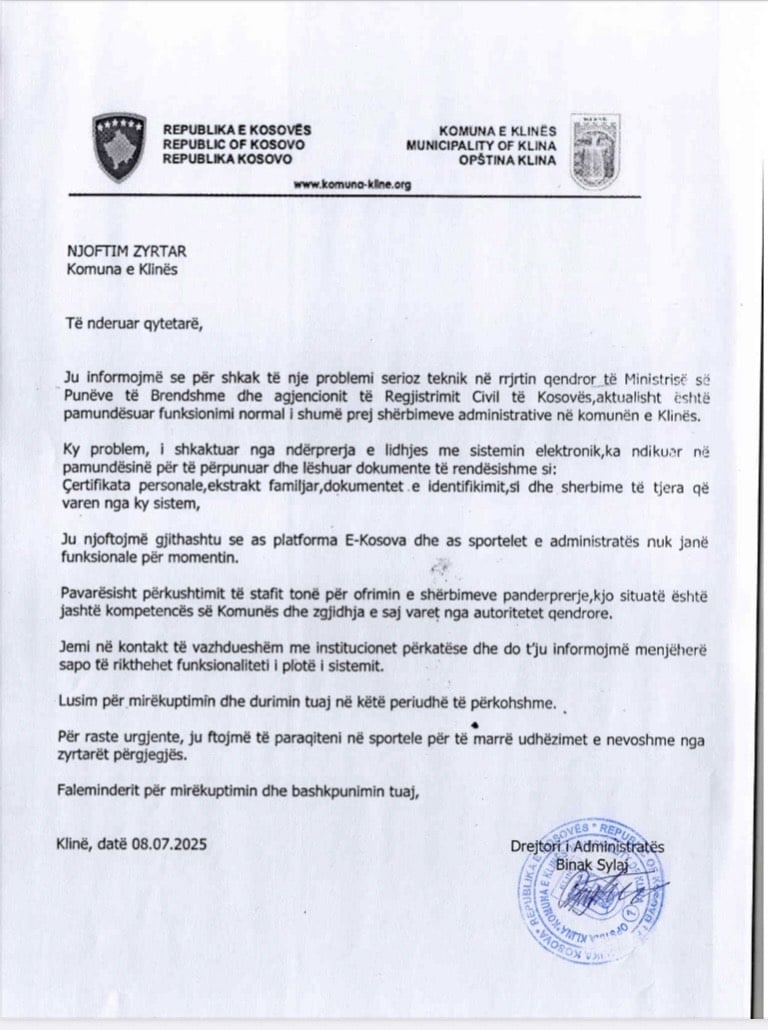 Njoftim Zyrtar nga Komuna e Klinës